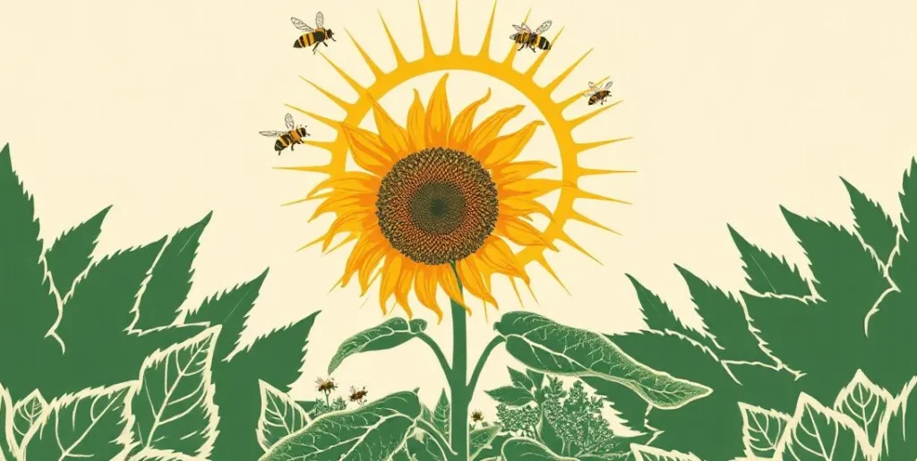 Illustration of a bright sunflower turned toward the sun with bees