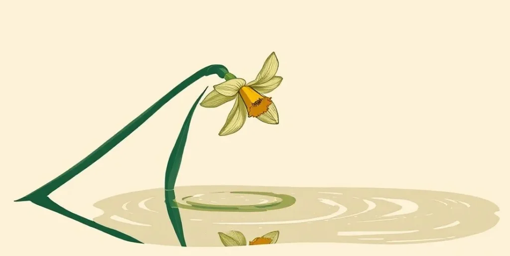 Illustration of a narcissus flower leaning over its reflection in a pond