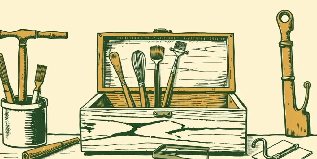 Illustration of an open toolbox holding a hammer, paintbrush, violin bow, whisk and trowel