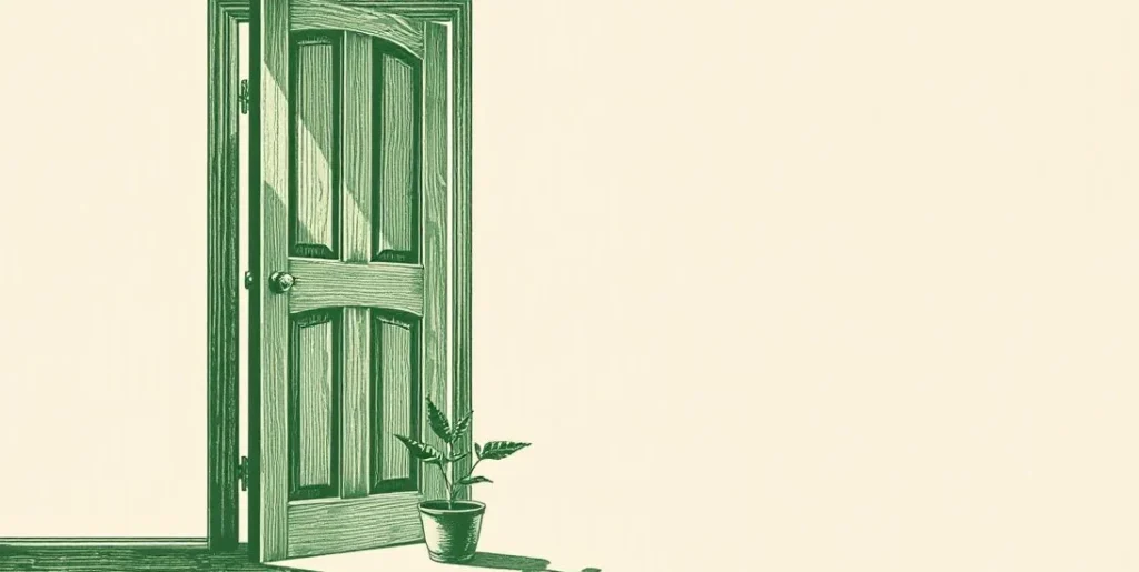 Illustration of a half-open wooden door with light spilling into a hallway