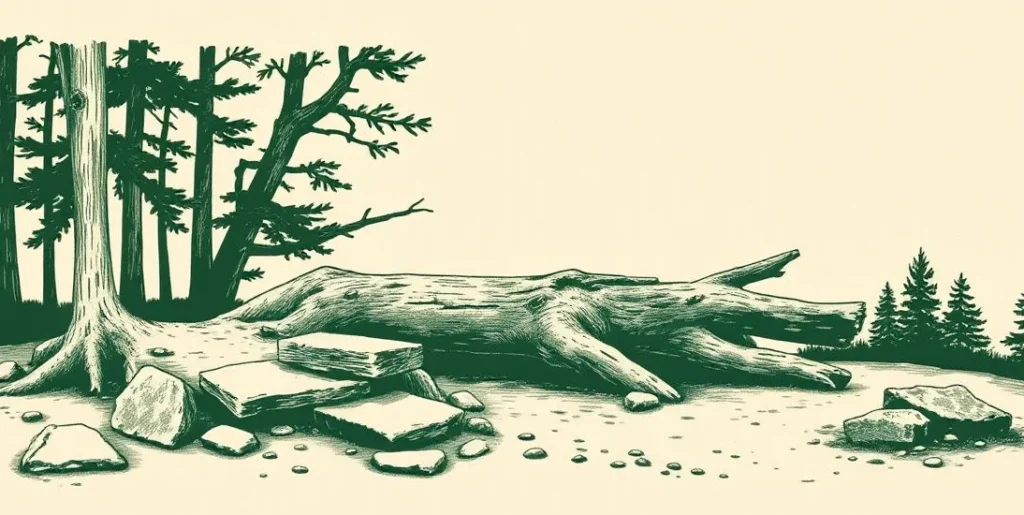 Illustration of stepping stones leading around a fallen tree blocking a woodland trail