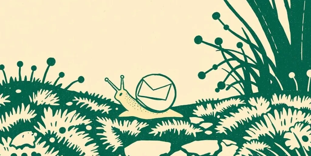 Illustration of a snail carrying a sealed envelope along a garden path
