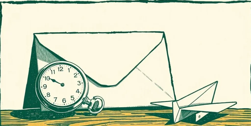 Illustration of an envelope, a pocket watch and a paper airplane on a desk