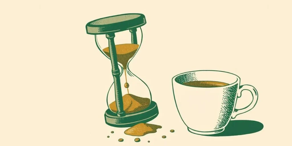 Illustration of a tipped hourglass with spilled sand beside cold coffee