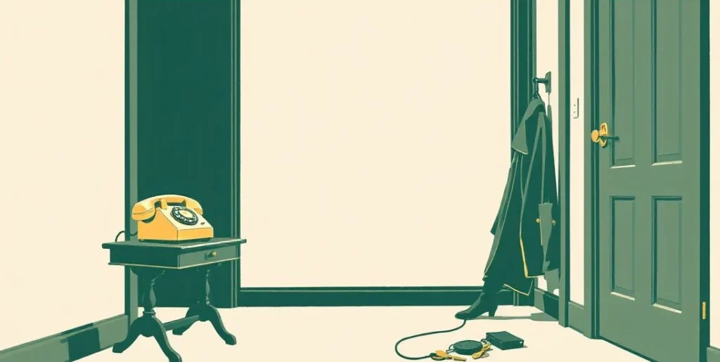 Illustration of a telephone in an empty hallway beside a dropped coat and keys