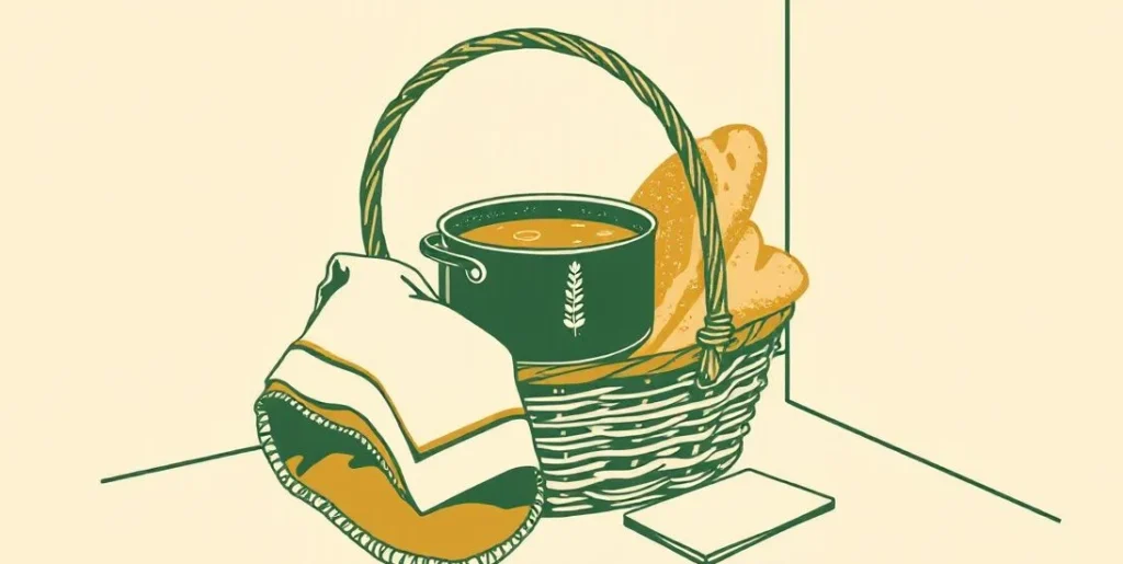 Illustration of a basket with soup, bread and a folded blanket on a doorstep