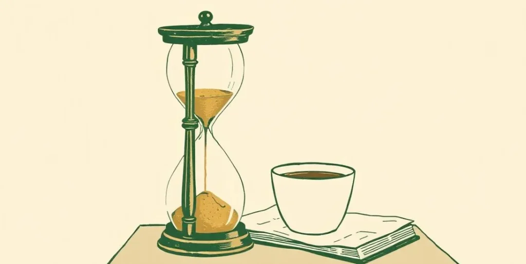 Illustration of an hourglass running low beside a cup of coffee