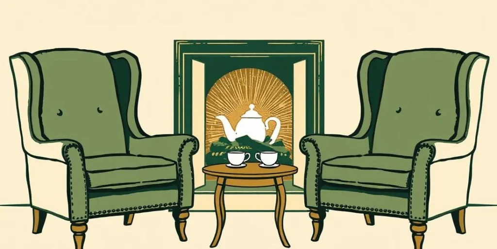 Illustration of two armchairs facing each other by a fireplace with teacups