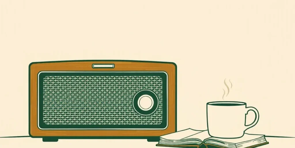 Illustration of a vintage wooden radio beside a steaming mug on a side table