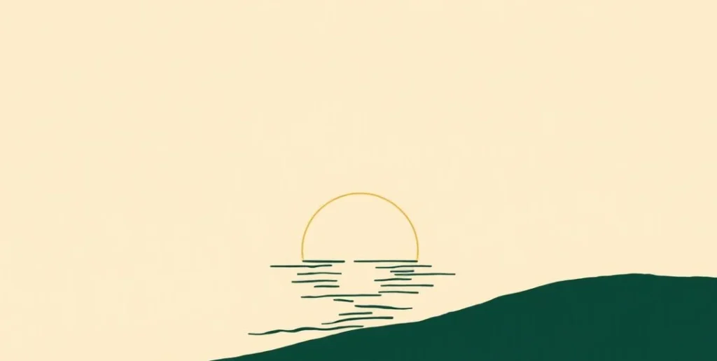 Illustration of the sun on the ocean horizon under a sky of dawn and dusk