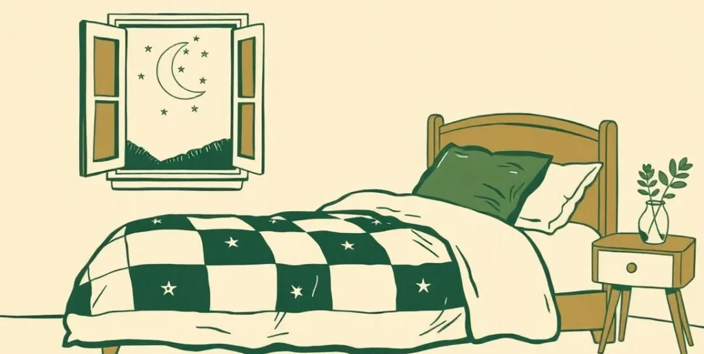 Illustration of a cozy bed with a patchwork quilt beneath a crescent moon