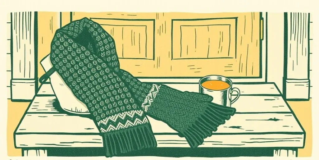 Illustration of a wool scarf, mittens and a thermos on a bench by the door