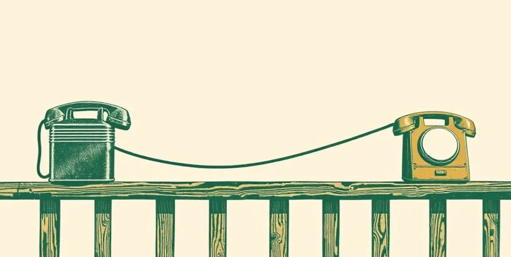 Illustration of two tin-can telephones joined by a string on a porch