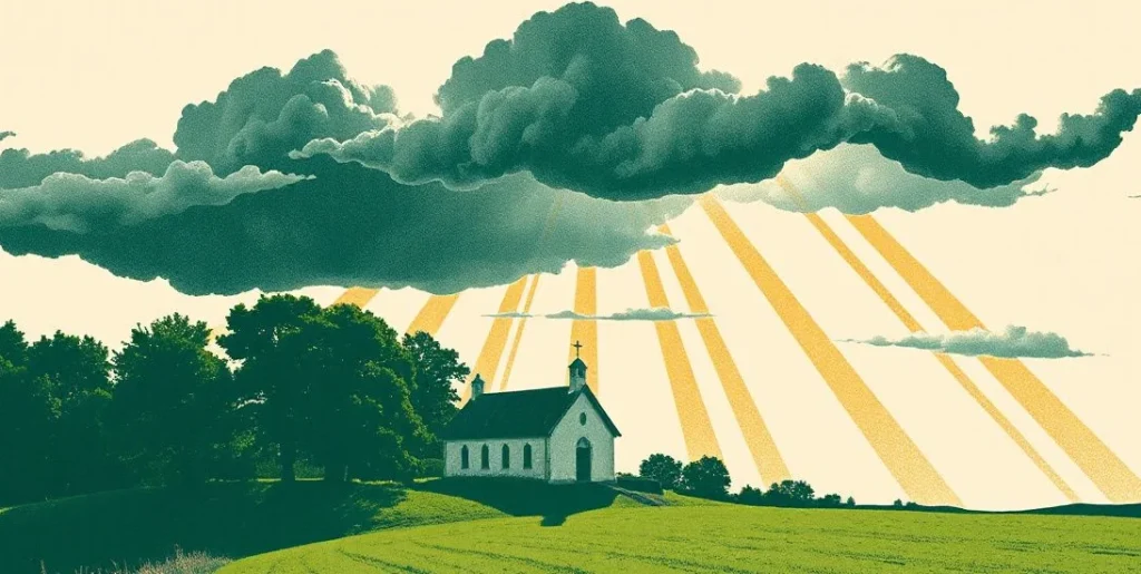 Illustration of sunlight breaking through clouds over a country chapel