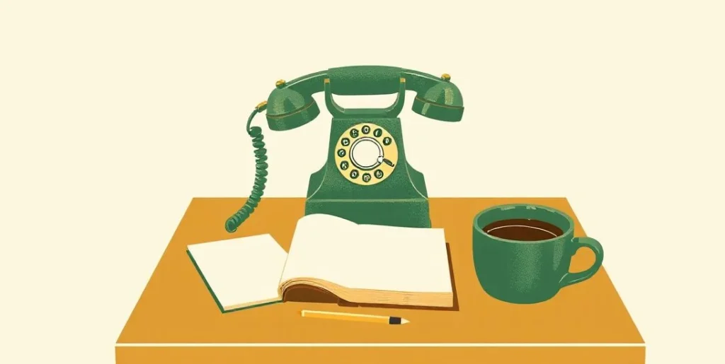 Illustration of a vintage candlestick telephone beside a notepad and coffee cup