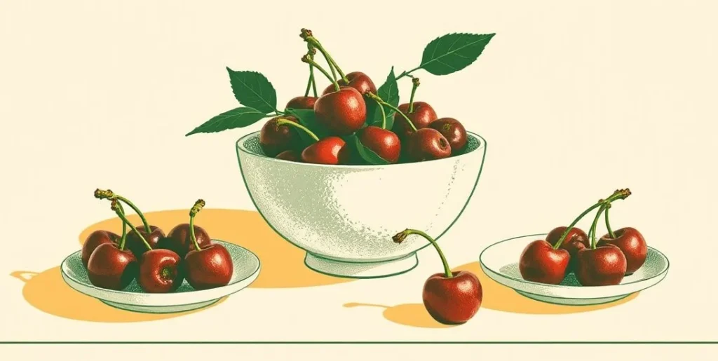 Illustration of a bowl of cherries shared between two small plates