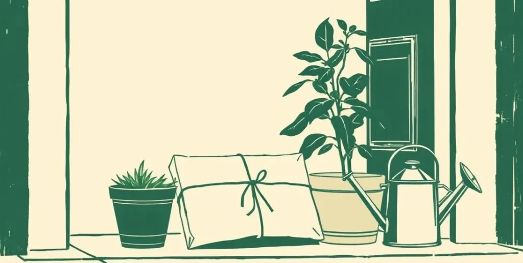 Illustration of a tied package on a doorstep beside a potted plant and a watering can