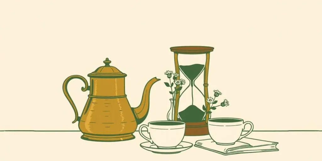 Illustration of an hourglass beside a teapot, two cups and a small vase