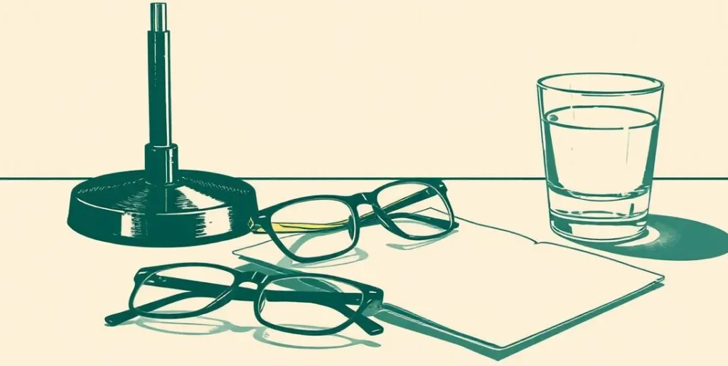 Illustration of eyeglasses on a desk beside a lit lamp and a glass of water