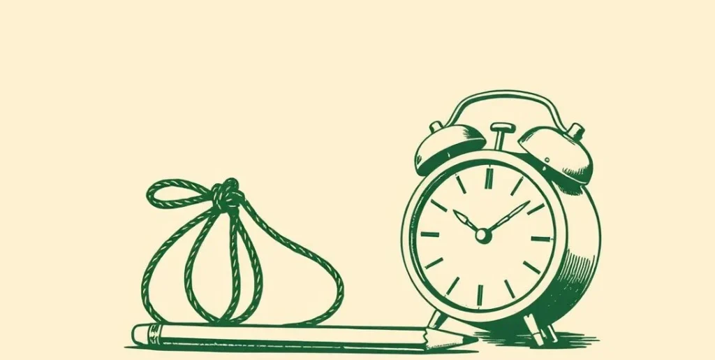 Illustration of a string tied around a pencil beside a plain alarm clock