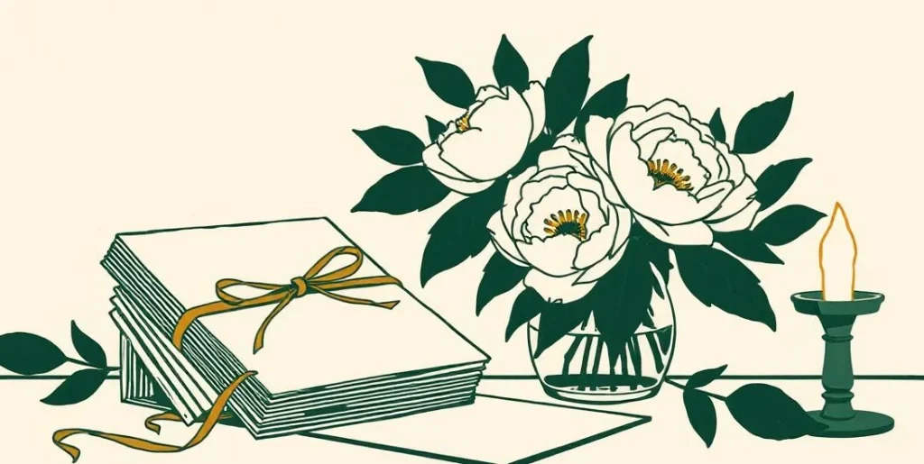 Illustration of ribbon-tied cards beside a vase of peonies and a lit candle