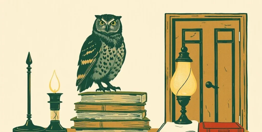 Illustration of an owl perched on a stack of books beside an oil lamp
