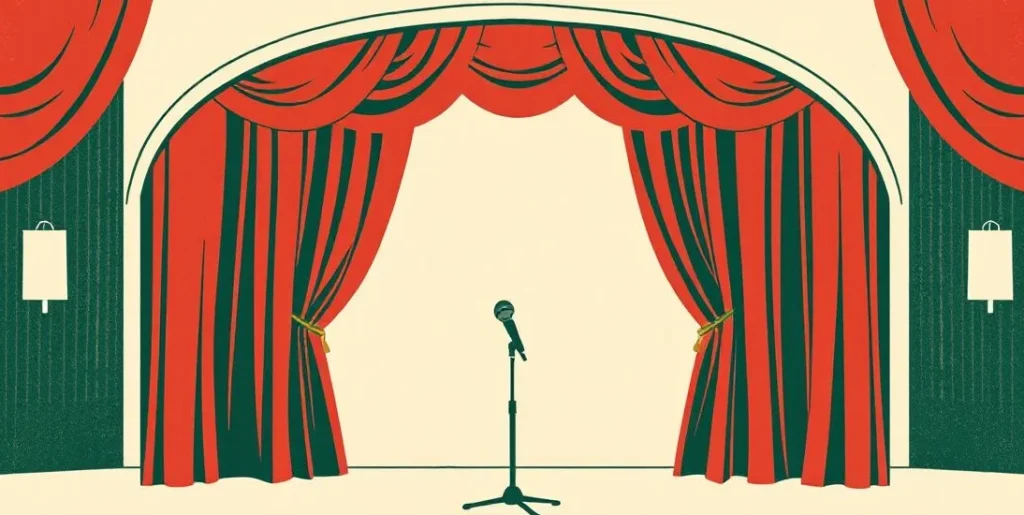 Illustration of a spotlight on an empty microphone stand before closed curtains