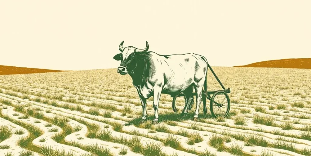 Illustration of two yoked oxen pulling a plow across a field