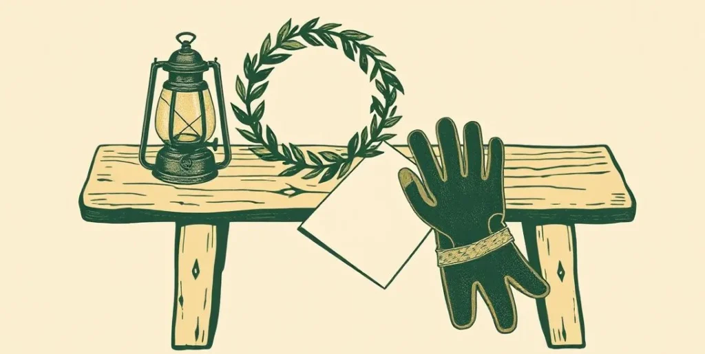 Illustration of work gloves beside a lantern and a laurel wreath on a bench