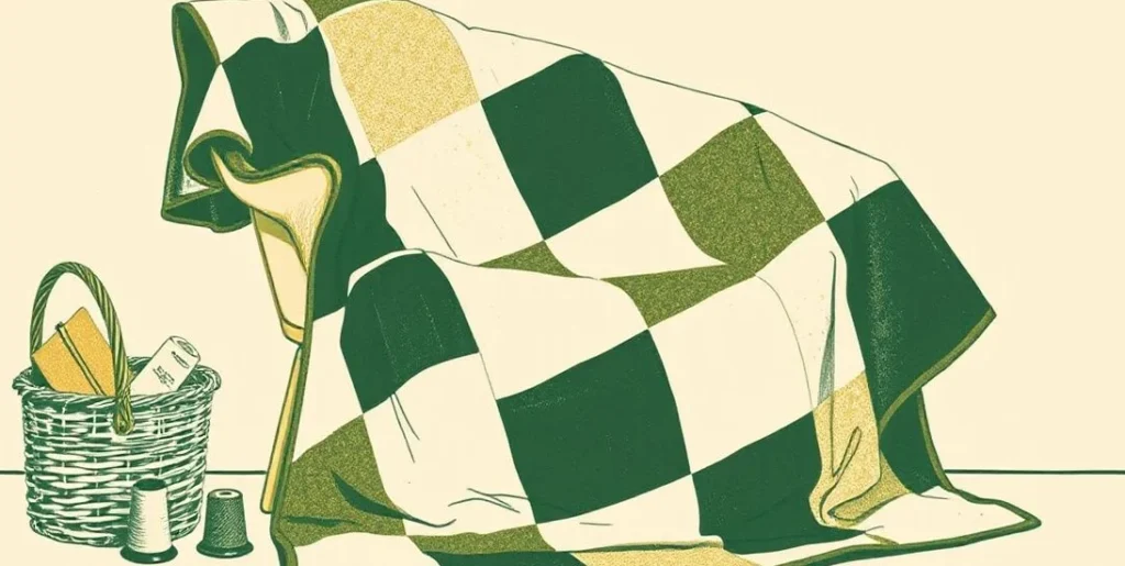 Illustration of a patchwork quilt over a chair beside a sewing basket, thread and a thimble