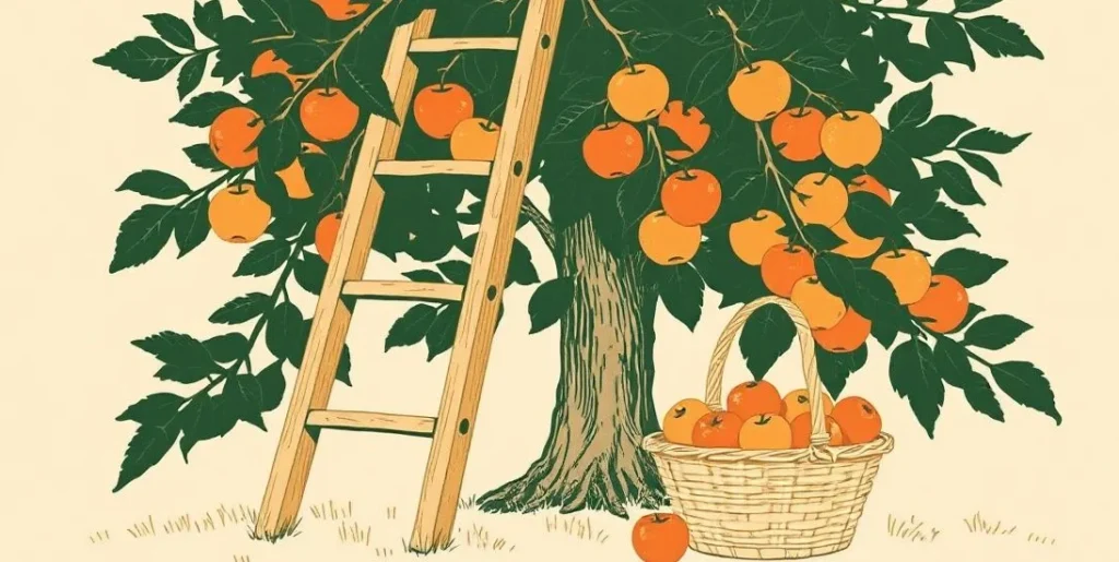 Illustration of a ladder against an apple tree beside a basket of apples