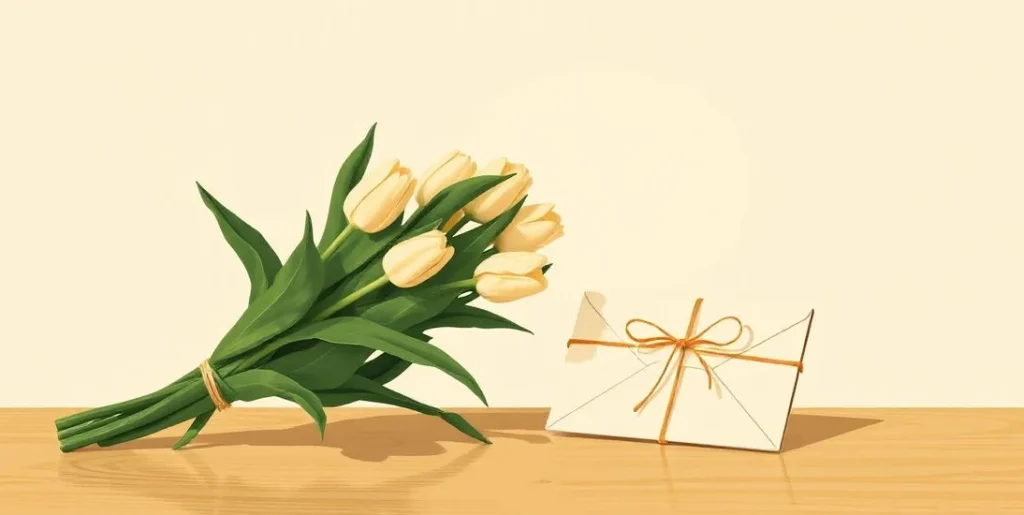 Illustration of tulips beside a ribbon-tied stack of envelopes on a desk