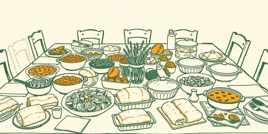 Illustration of a potluck table crowded with casseroles, salads and pies