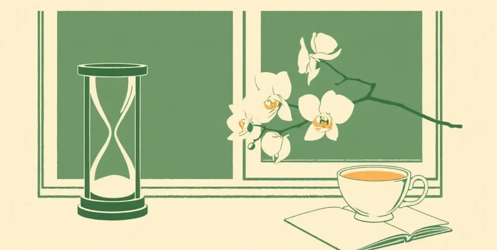 Illustration of an hourglass beside a blooming orchid and a cup of tea