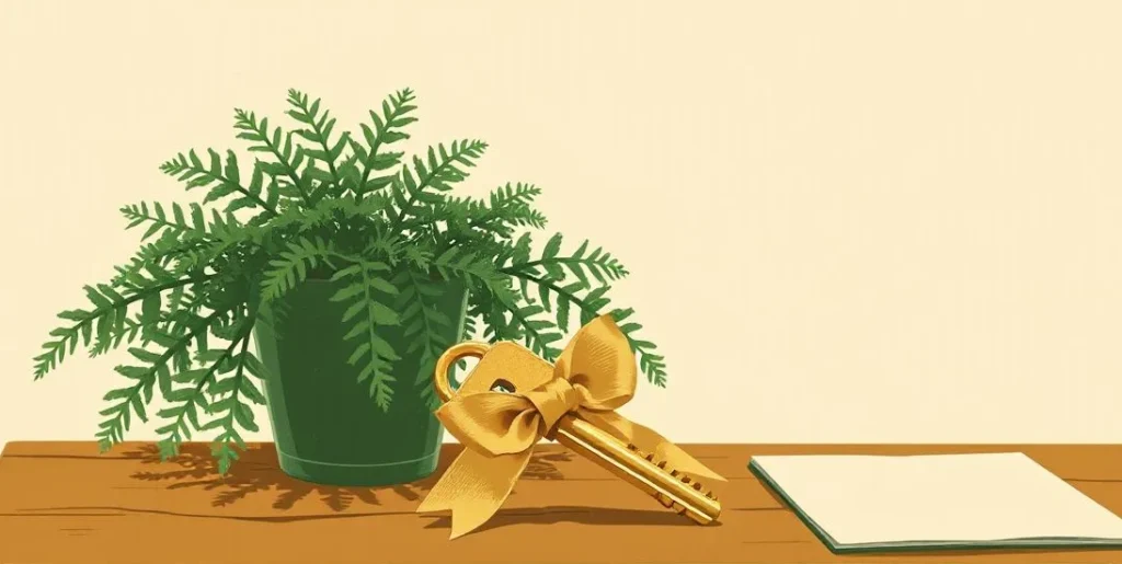 Illustration of a ribbon-tied brass key on a desk beside a fern