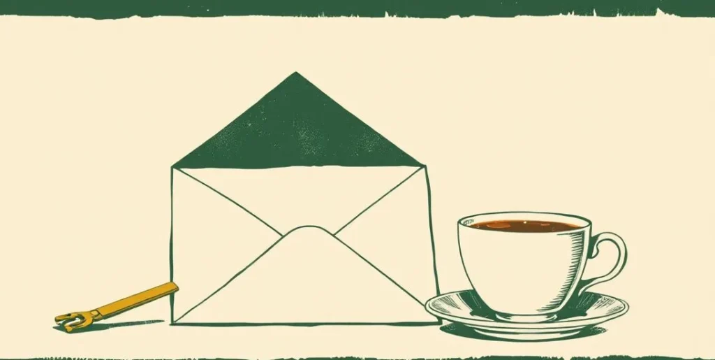 Illustration of an opened envelope and letter beside a letter opener and tea