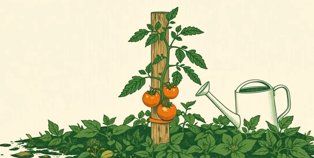 Illustration of a young tomato plant tied to a sturdy stake in a garden bed