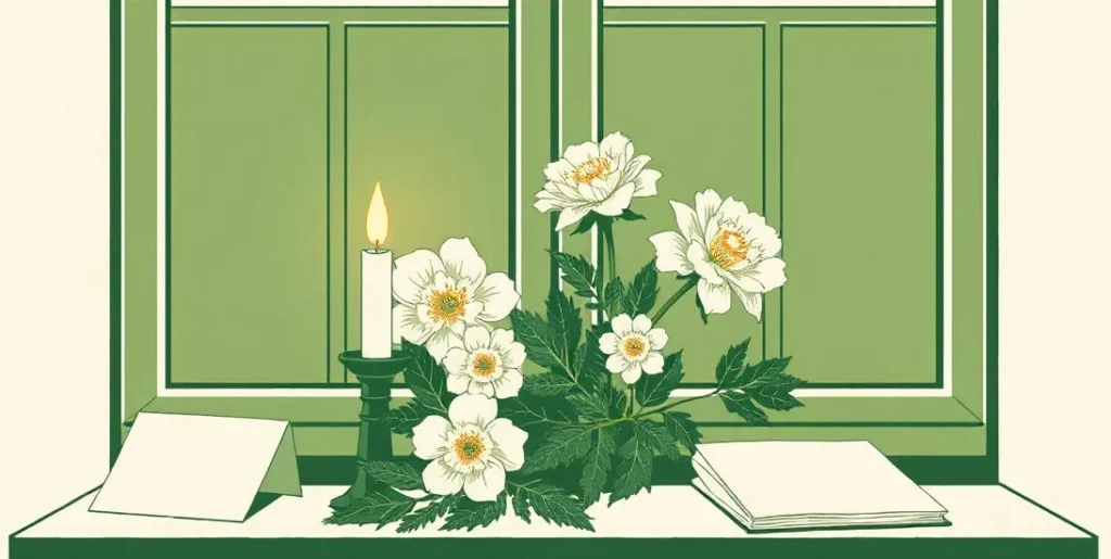 Illustration of a lit candle beside white chrysanthemums and folded cards