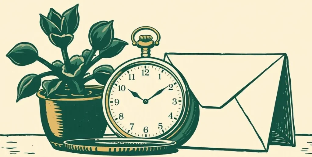 Illustration of a plain-faced pocket watch beside a succulent and a closed envelope