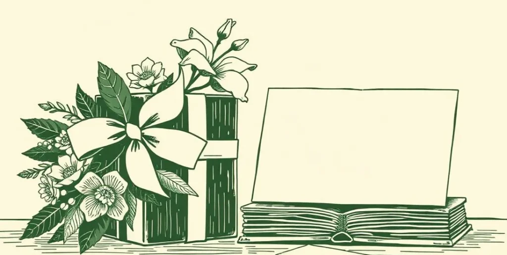 Illustration of a ribboned gift box beside a bouquet of flowers and a folded card