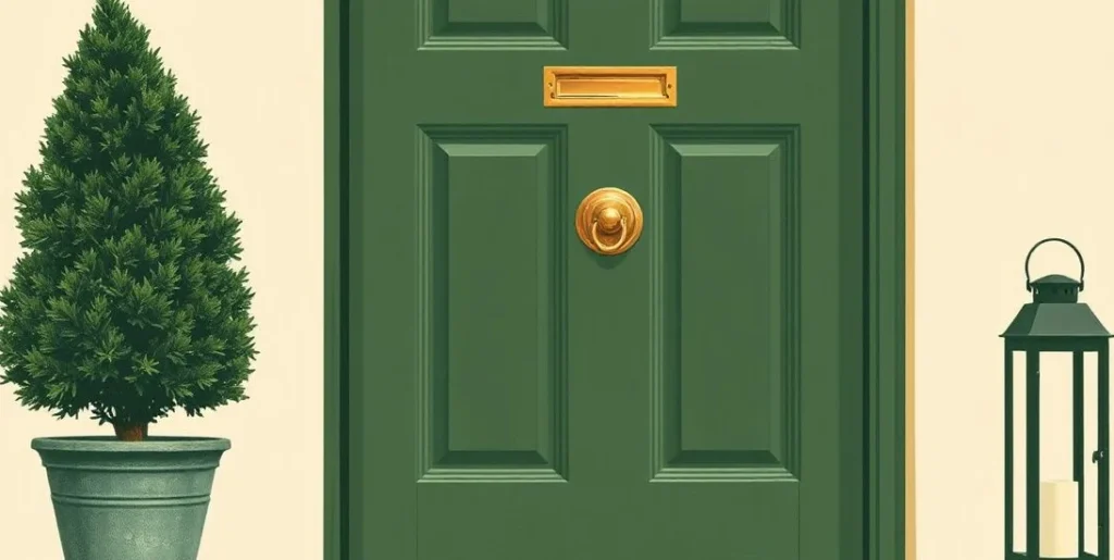 Illustration of a brass door knocker on a green front door beside a potted plant and a lantern