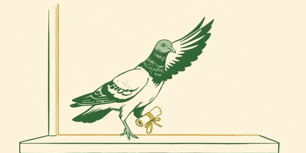Illustration of a carrier pigeon landing on a windowsill with a message
