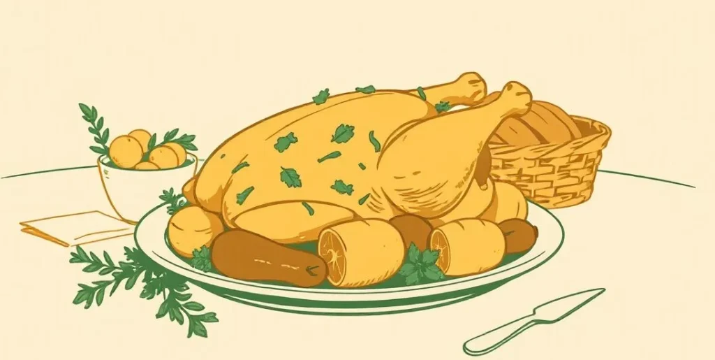 Illustration of a roast chicken with vegetables and bread on a dinner table