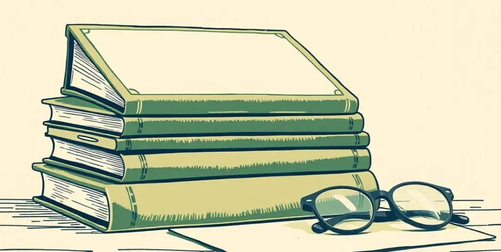 Illustration of a stack of closed leather books beside a quill pen and reading glasses