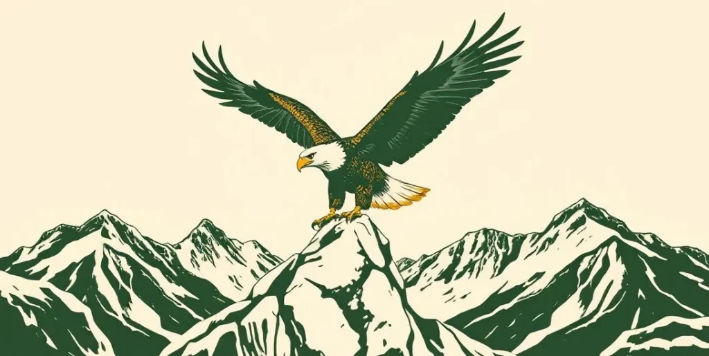 Illustration of an eagle landing on a rocky crag with wings spread