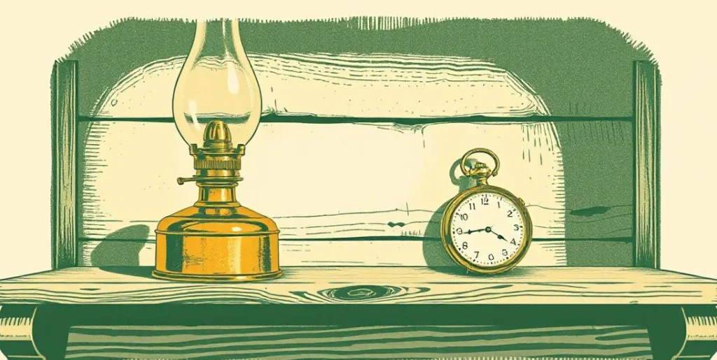 Illustration of an antique oil lamp and an old pocket watch on a shelf