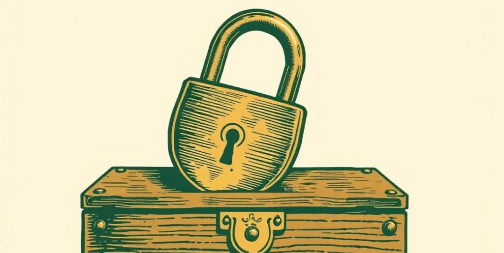Illustration of a brass key opening an old padlock on a wooden chest