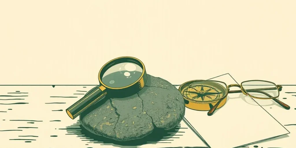 Illustration of a magnifying glass on a stone beside a brass compass and reading glasses