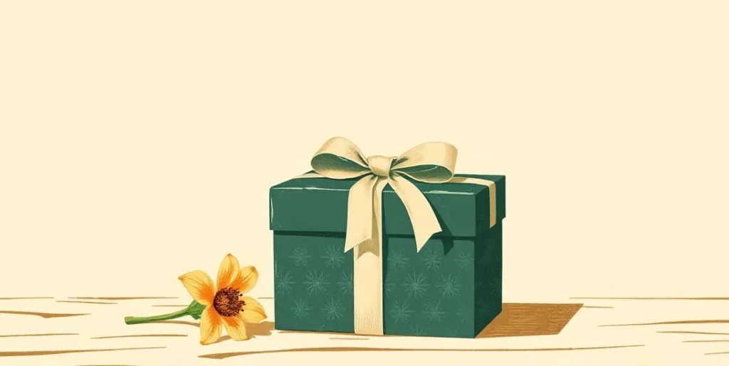 Illustration of a small gift box with a bow beside a single flower