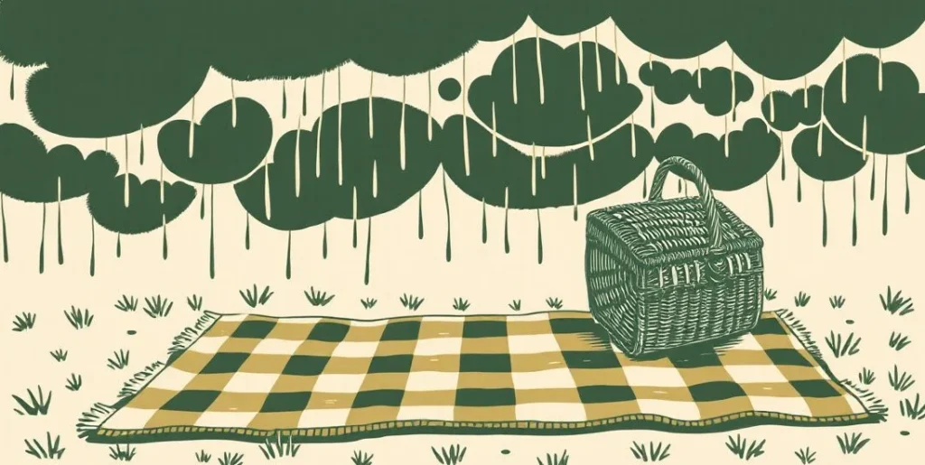 Illustration of a rained-out picnic with a toppled basket under dark clouds